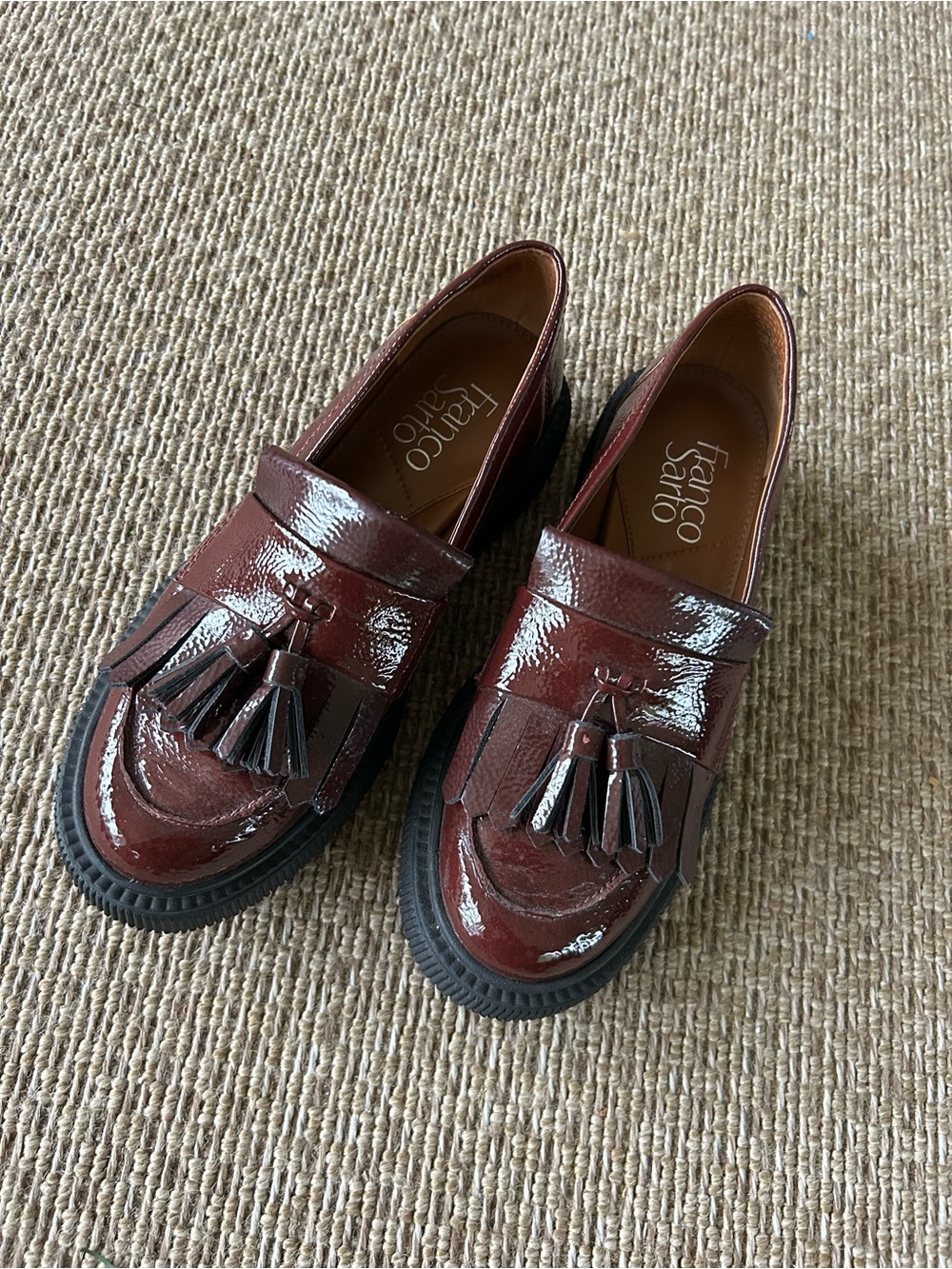 Franco Sarto women’s Burgundy Patent Tassel Kiltie Loafers